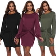 thumbnail image 2 of L Minivestido ajustado de manga larga con cuello redondo y farol para mujer, ropa de fiesta y discoteca de Color sólido con nudo en la cintura, otoño e invierno, 2 of 5