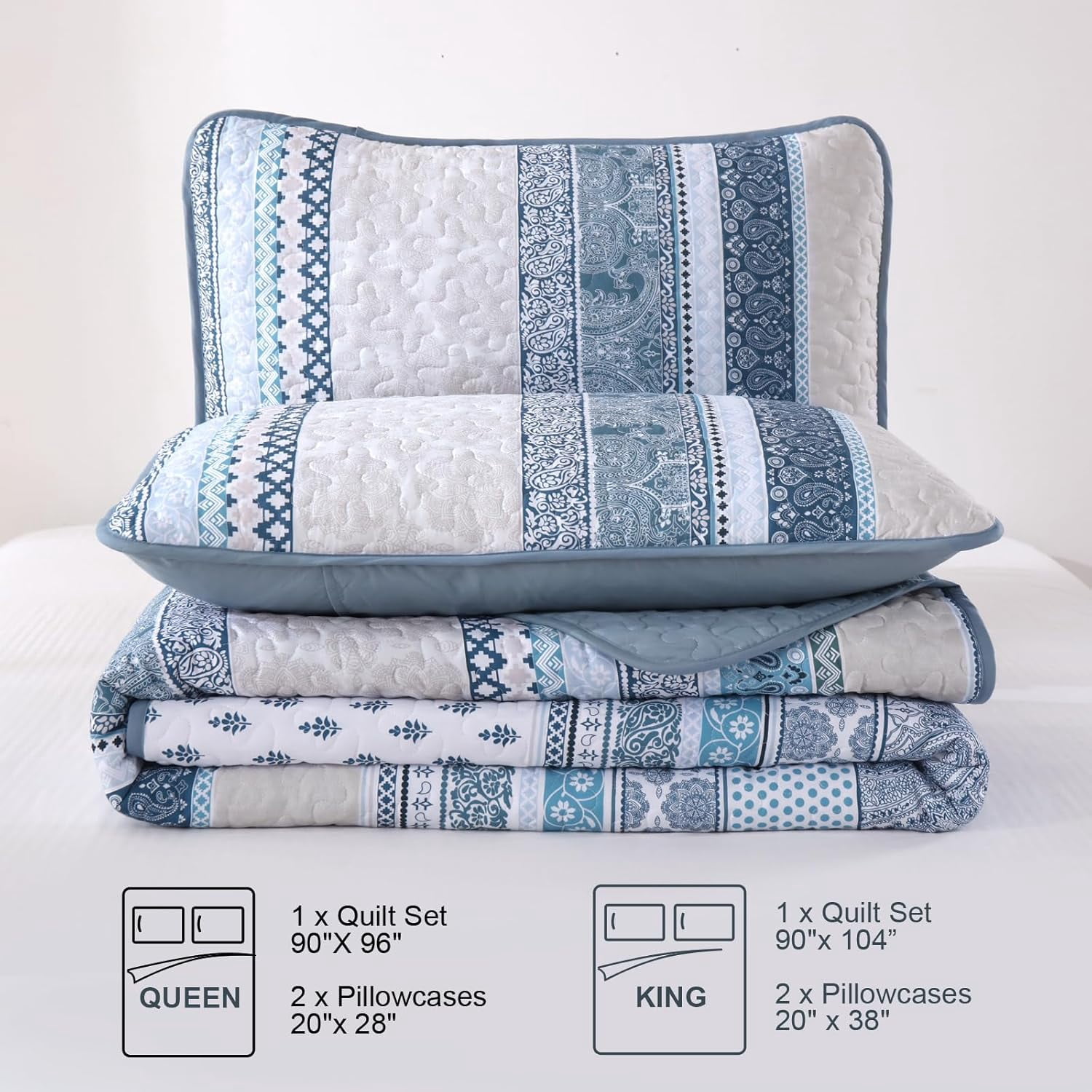 Boho Quilt Set Queen Size, Light Blue Bohemian 3 Pieces Quilt Sets, Lightweight Summer Bedspread Coverlet Bedding Set for All Season (96"x90")