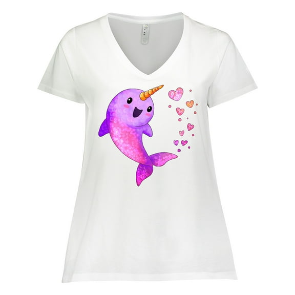 Inktastic Valentine's Day Cute Pink Narwhal with Hearts Women's Plus Size V-Neck T-Shirt