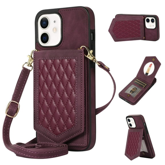 Allytech for iPhone 12/iPhone 12 Pro Case, Crossbody Wallet Case PU Leather with RFID Blocking Card Holder Kickstand Magnetic Closure Inner Mirror Case for iPhone 12/12 Pro 6.1" 2020, Red