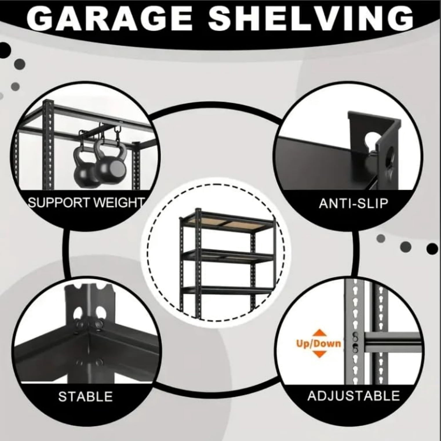 5 Tier Storage Shelves, Heavy Duty Metal Shelving Unit 2000 lbs, Adjustable Gourd Hole Rack for Garage Pantry Closet Kitchen Warehouse, Black
