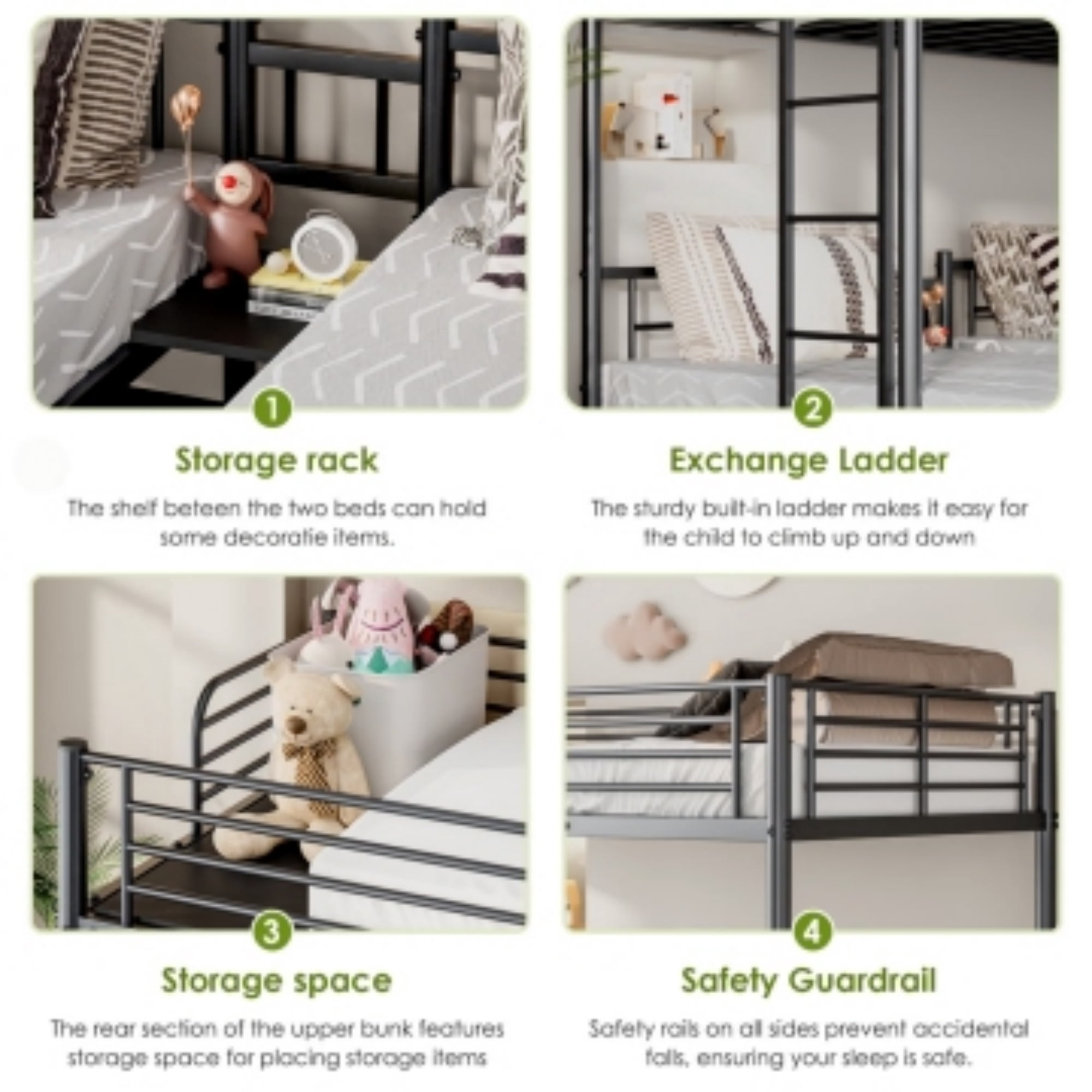 GARITIN Triple Bunk Bed for 3 People Twin XL Over Twin Size, Sturdy Metal Frame with Full Guardrail, Includes Ladder and Storage Shelf, Space Saving Bedroom Furniture, Black