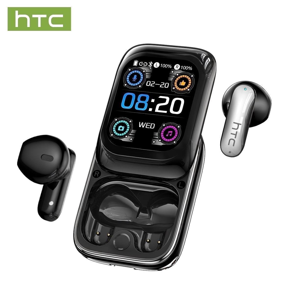 HTC NE48 AI Translation Wireless Earbuds with Smart Touch Screen Case, Bluetooth 6.0 Noise Cancelling, 134+ Languages, IPX5 Waterproof, Black Color