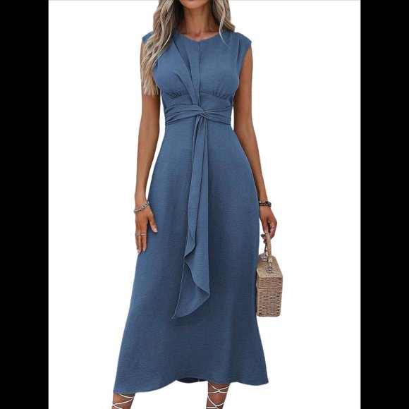 Vestido Midi Informal Sin Mangas de Verano para Mujer, Ajustado, con Lazo en la Cintura, , 2025 Azul Neblina S
