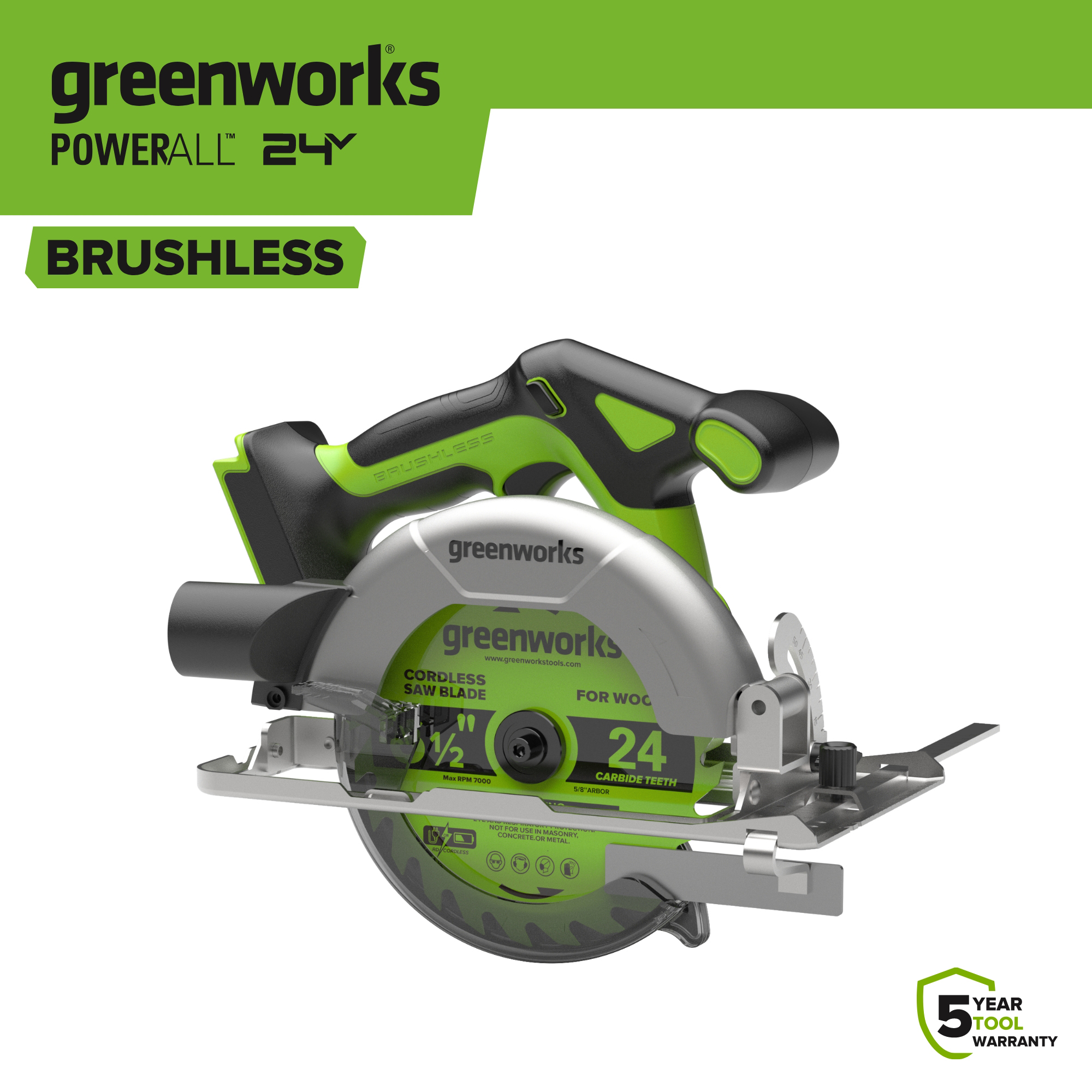 Greenworks 24V 6-1/2 inch 5000 RPM Circular Saw Tool Only PowerAll, CR3165A1