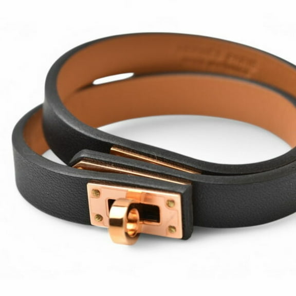 Pre-Owned Hermes Kelly Bangle HERMES Leather Double Tour Black/Pink Gold T2 Unused