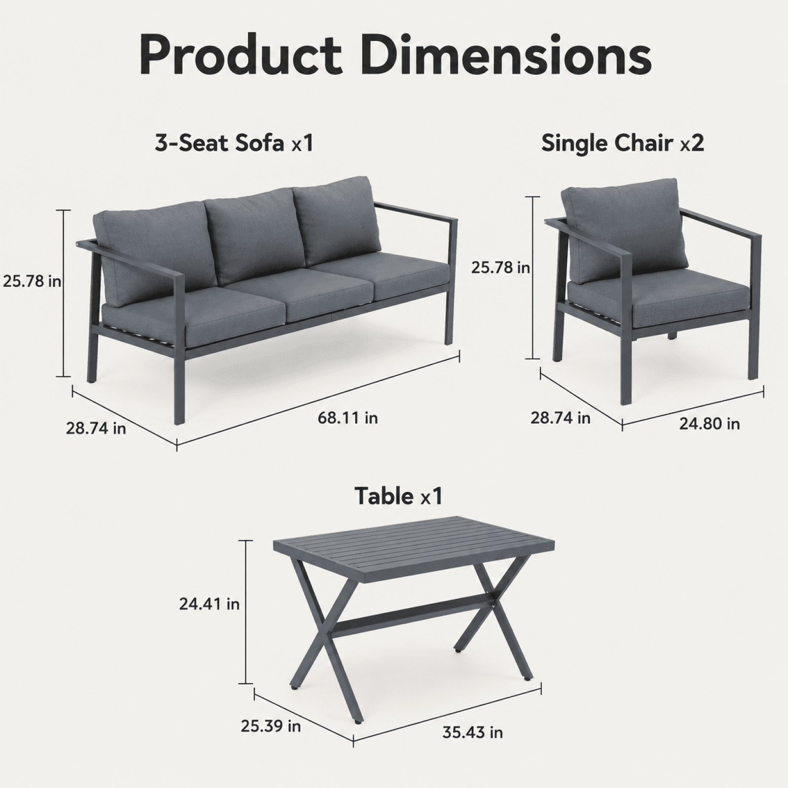 Aluminum Patio Furniture Set with Slim Armrests,5 Seat Modern Outdoor Conversation Set with Cushions and Coffee Table,Metal Patio Sofa Set Gray