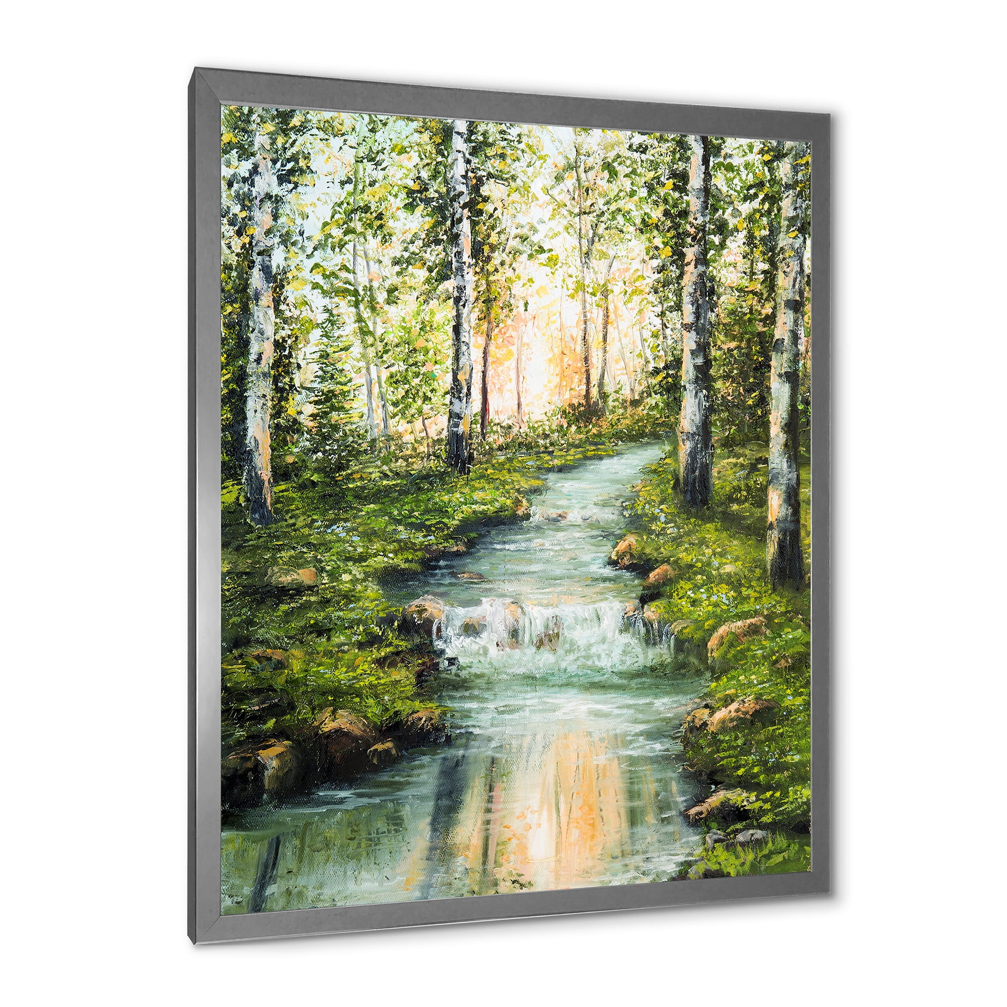 Designart 'River Through Green Birch Forest' Lake House Framed Art Print
