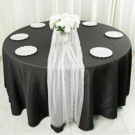 BalsaCircle White 48x120 in Sheer Tulle Table Runner Faux Pearls Party Events Reception Decorations Supplies