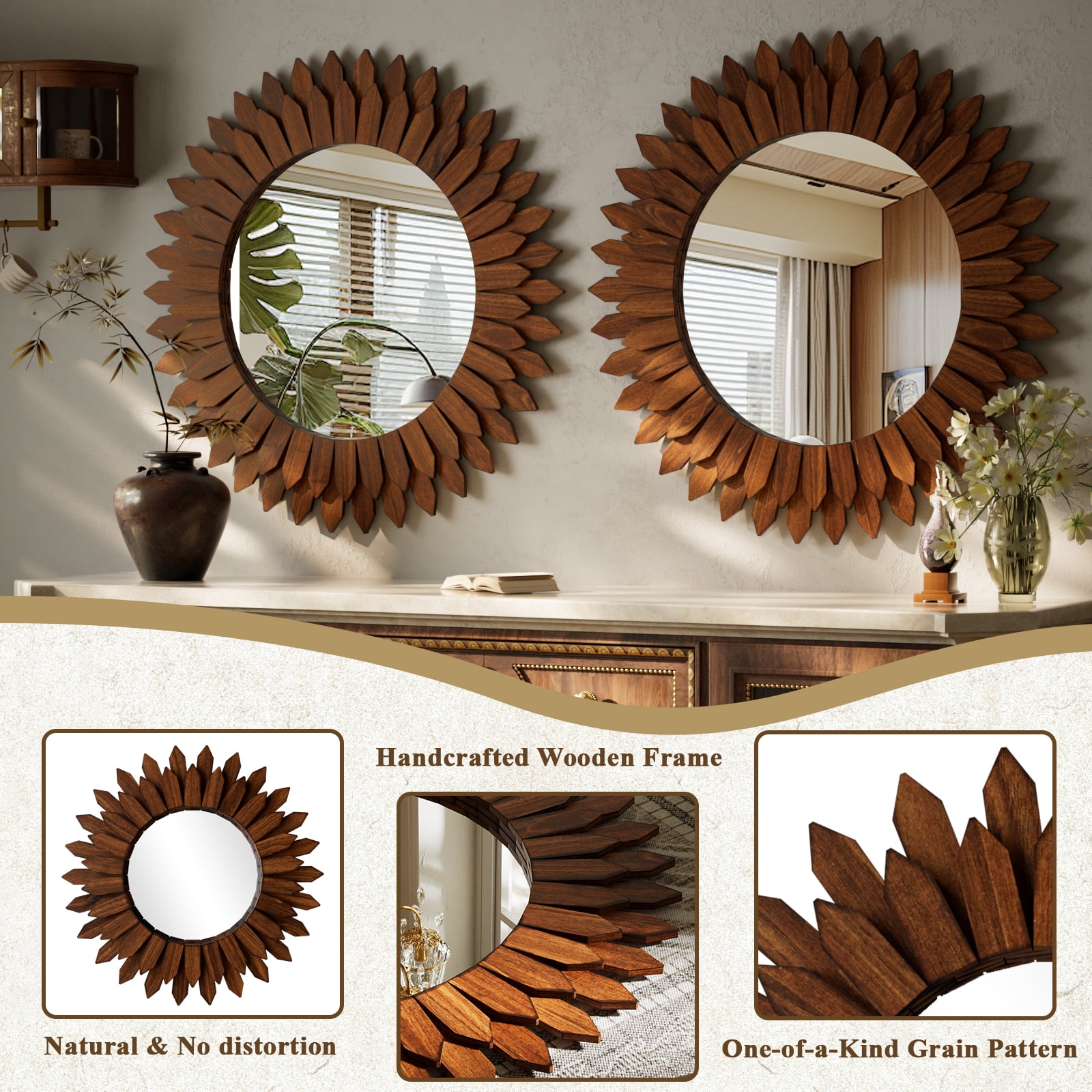 Easy4Home 24" Rustic Wood Mirror Wall Decoration Hanging Round Mirror,Dark Brown
