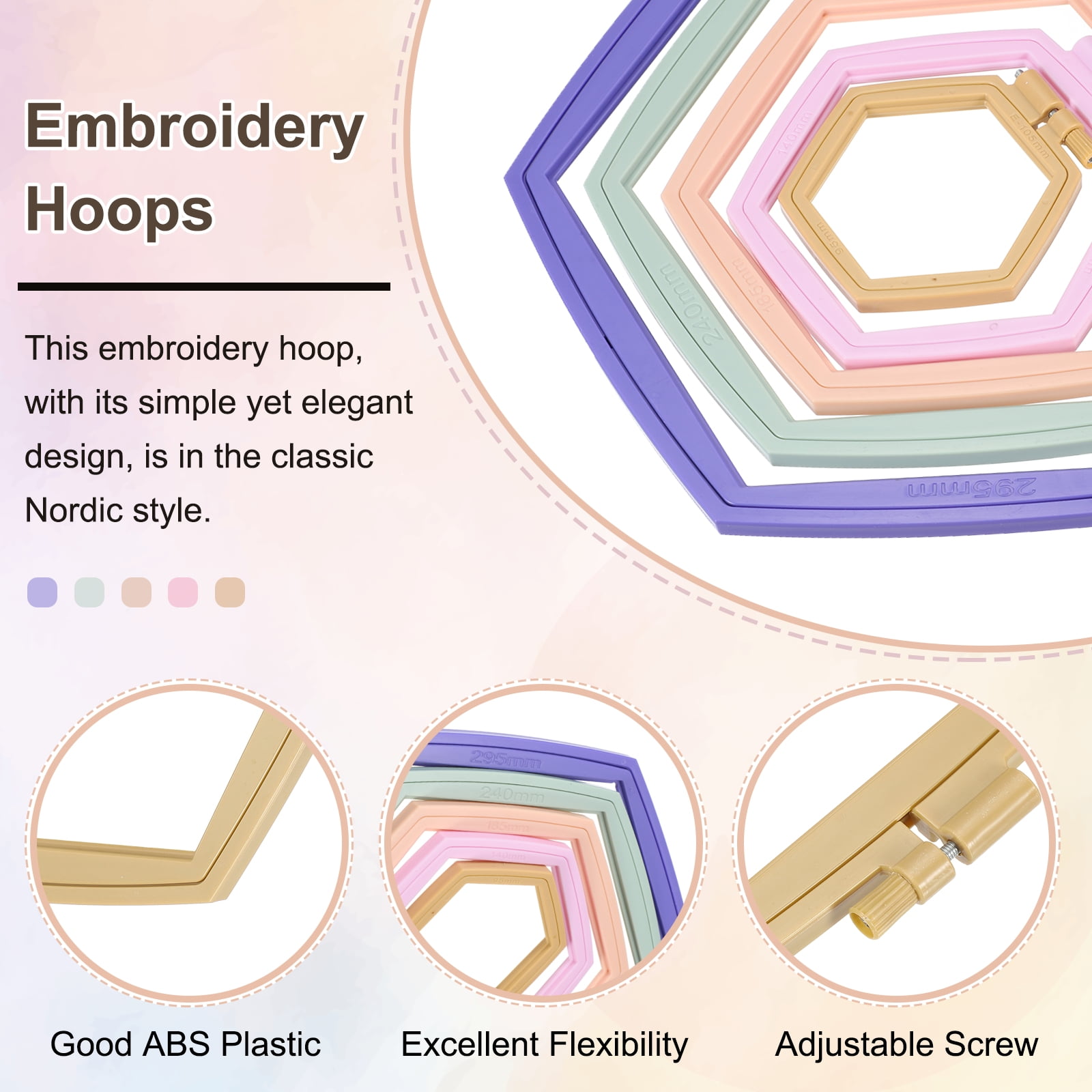 Uxcell 3 Pieces 10.2" x 9.4" Hexagonal Embroidery Hoops, ABS Adjustable Cross Stitch Hoops, Khaki