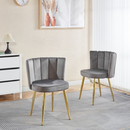 Set of 2 Modern Velvet Dining Chairs, Grey Upholstered with Gold Metal Legs, Comfortable Accent Chairs for Dining Room & Living Room