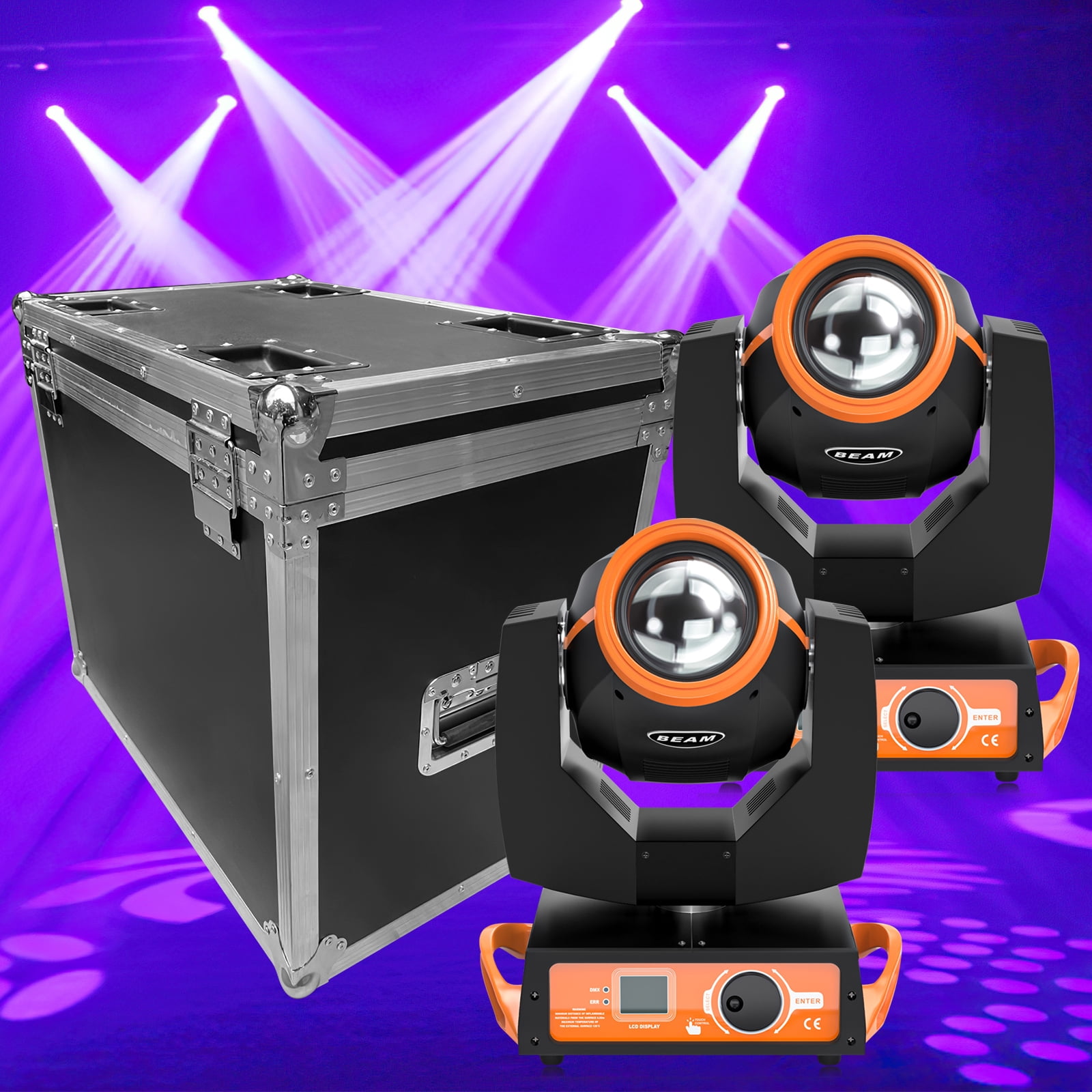 2pcs 7R 230W DJ Lights with Flight Case, 8 Prisms Beam Sharpy Moving Head Lights, 17 Gobos 14 Colours RGBW LED Disco Party Stage Lights for Weddings Christmas,Orange