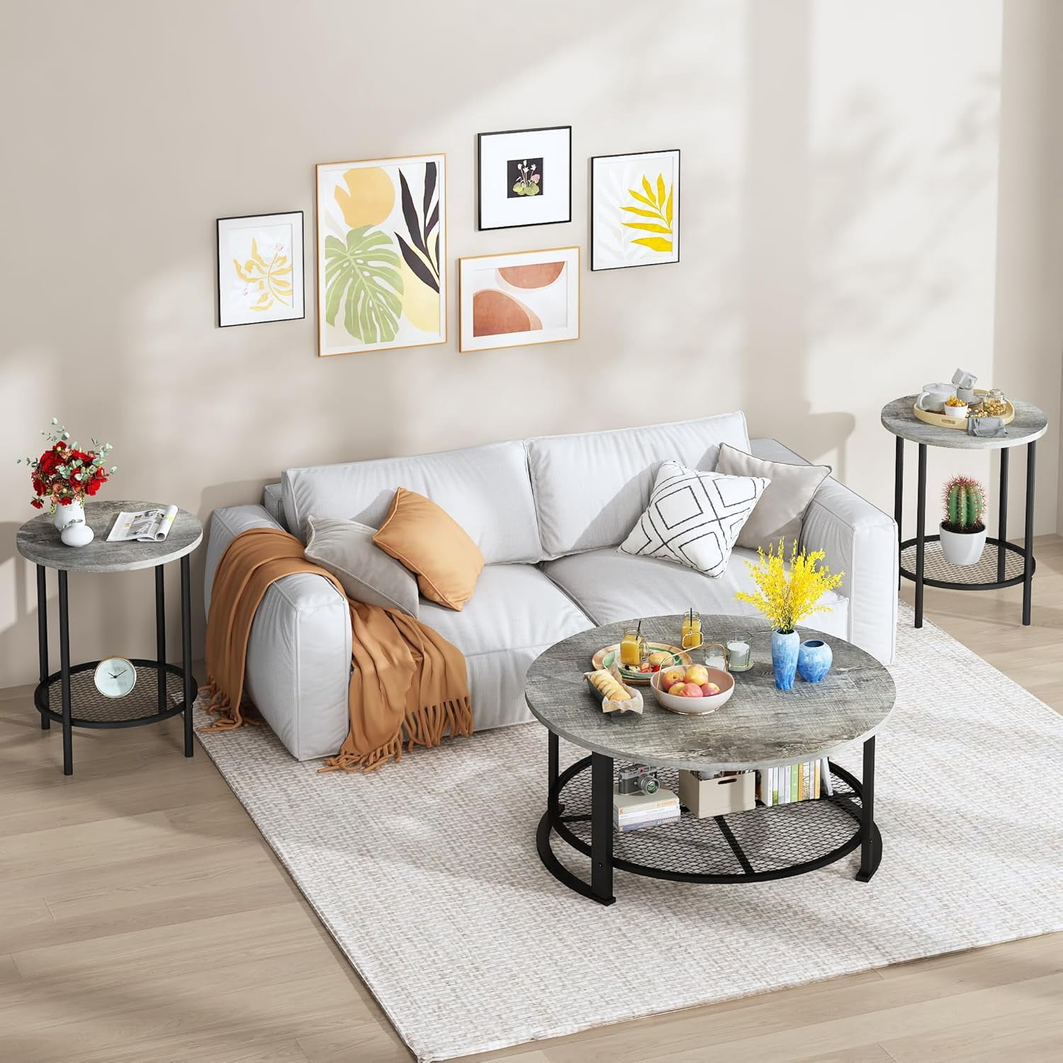 MIERES Round Coffee Table Set of 3, 2-Tier Metal Mesh Storage Shelf Living Room Set with 1 Large Center Table & 2 Small End Tables, Space-Saving Wooden Tea Table for Home Office Apartment, Gray