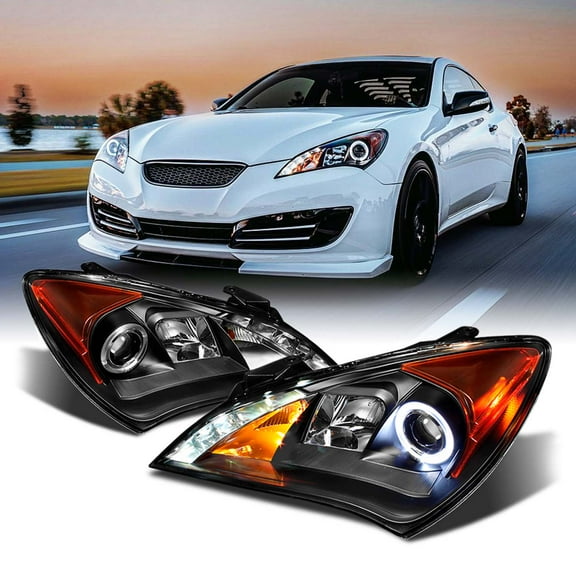 AKKON - For 2010-2012 Genesis Coupe 2Doors Black Bezel Dual DRL Daylight LED Strip Projector Headlights Replacement