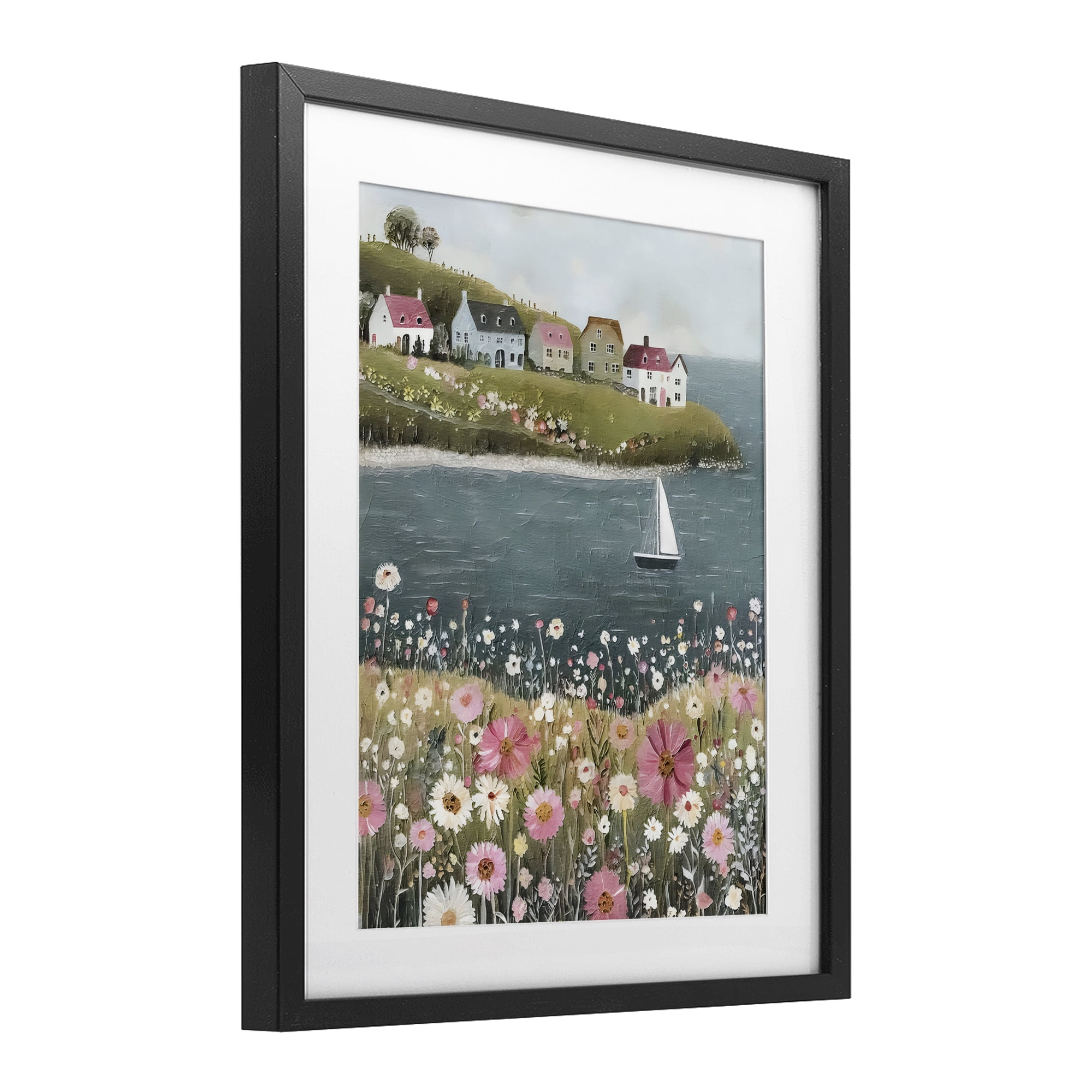 Stupell Industries Pink Meadow & Sailboats Black Framed Print Under Glass, design by Riley B