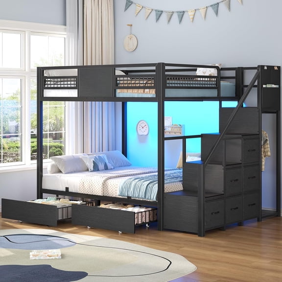 Plonmago Bunk Bed Full Over Full with Stairs, LED Lights Full Bunk Beds with 2 Storage Drawers & 6 Fabric Drawers, Metal Full Loft Beds with Safety 13.4" Guardrail, Space Saving, Black