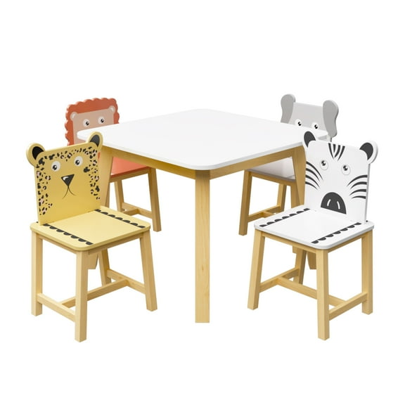 5 PCs Kids Table And Chair Set Solid Wood Table Chairs Cartoon Animals Design For Living Room Dining Room Kindergarten