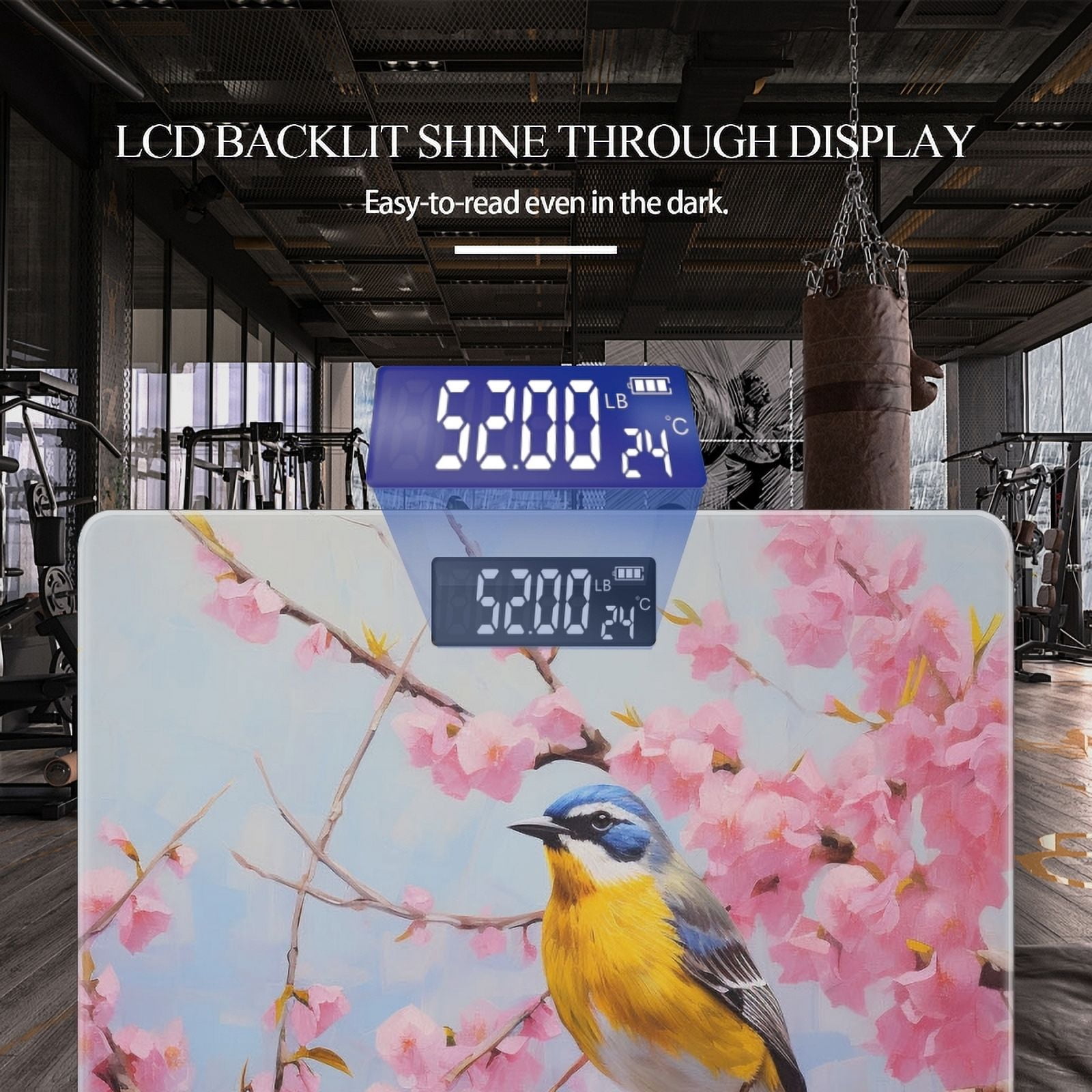 High Precision Body Weight Scale Smart Bathroom Scales with Large LCD Display(400lbs),Decorative for Bedroom-Yellow And Blue Bird Sitting On Cherry Blossom Tree