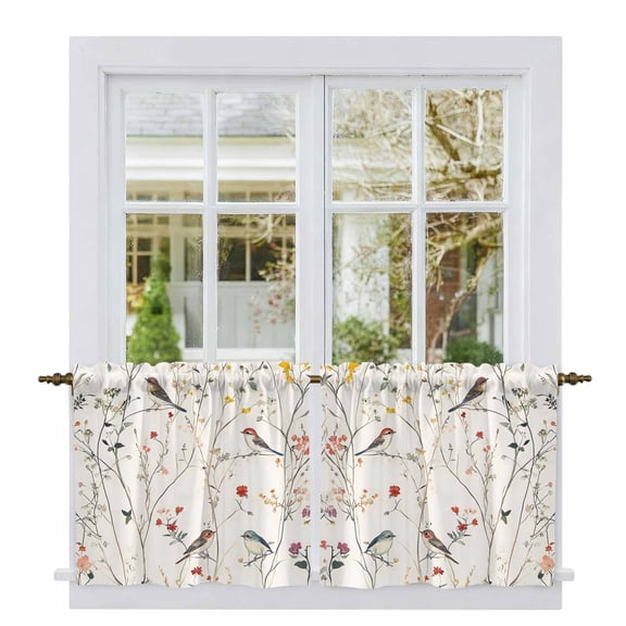 Spring Floral Tier Curtains, Summer Birds Botanical Country Light Filtering Kitchen Curtains, 2Pcs Rod Pocket Half Window Treatments Panels for Sink Cafe Cabinet Camper 27.5x24 Inches