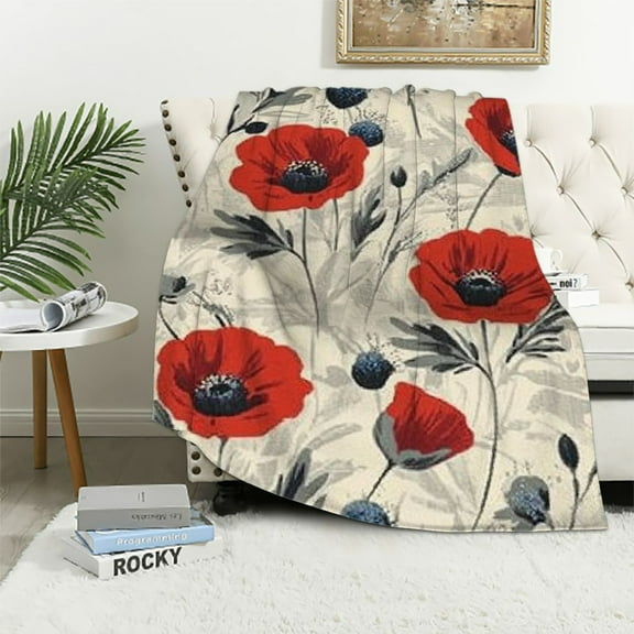 BCIIG Red Poppy Flowers Throw Blankets Bright Flower Flannel Blanket Throw for Adults,Flower Theme Lightweight Soft Cozy Blanket for Couch Sofa Bed Room Decor   40x50in