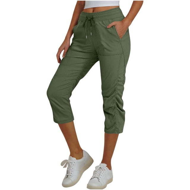 Lenpel Capri Pants for Women Elastic High Waisted Drawstring Ruched Straight Leg Cropped Pants Casual Capris Trousers with Pockets