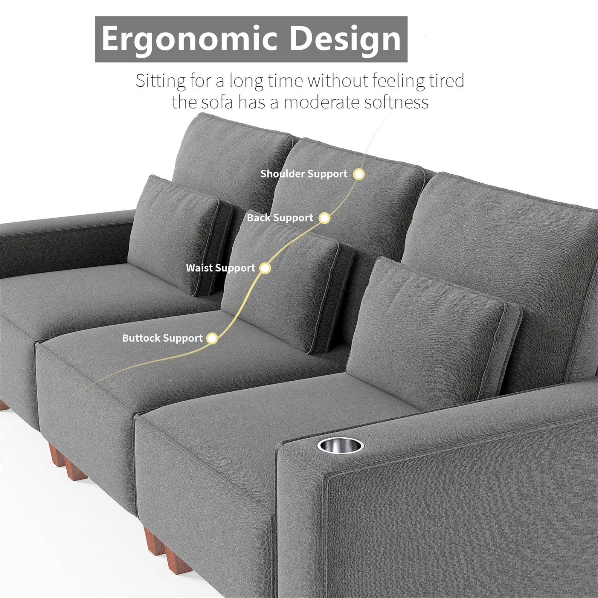 Aukfa 3 Piece Sofa Set - 43.5" Oversized Armchair Couch with Cup Holders&Pillows, Chenille, Gray