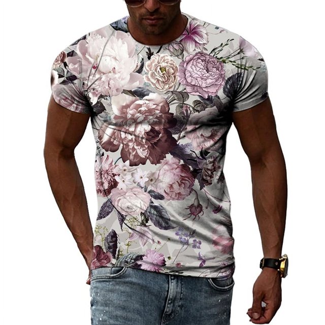 Summer Men's Flower Pattern Printed T-Shirt Hip-Hop Element Trend Round Neck Tees Seasonality Fashion Handsome Short Sleeve Tops