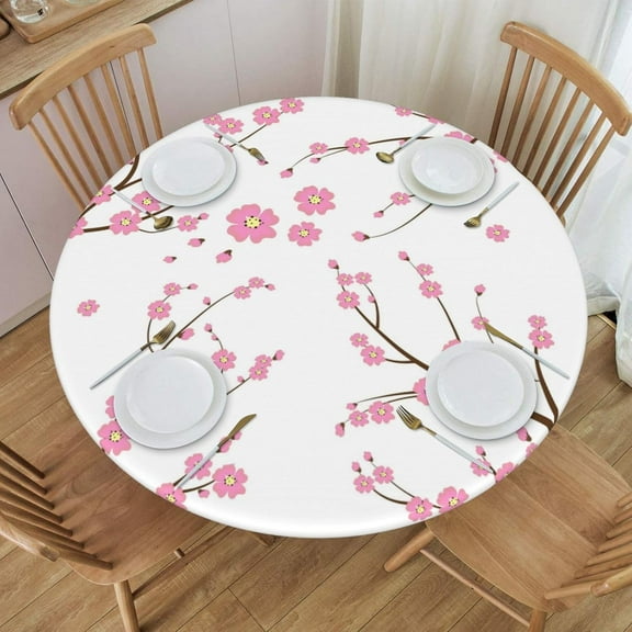 Cherry Blossoms Table Cloth Round Fitted Tablecloth Elastic Edge Waterproof Polyester Dining Table Covers for Kitchen, Camping, Party -(40"-44" Round Tables)