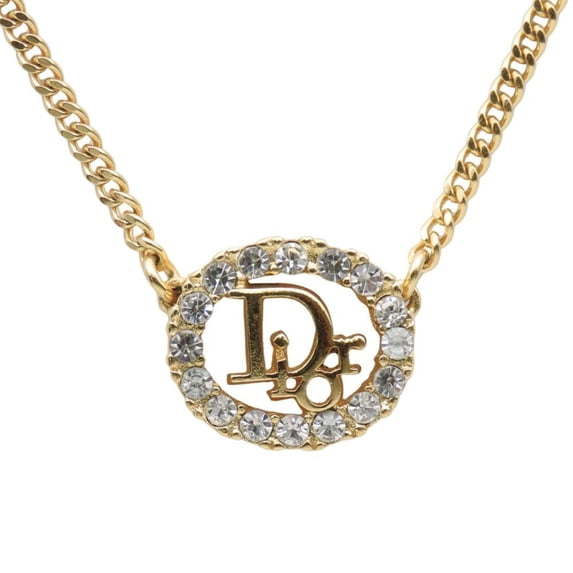Pre-Owned Christian Dior Necklace, Metal, Rhinestones, Gold, CD Logo, GP, Women's, (Good)
