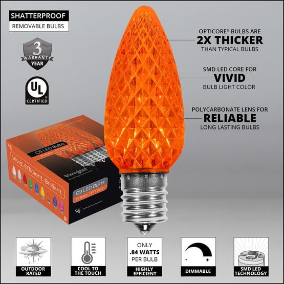 Set of 50 OptiCore LED Orange C9 String Lights with Shatterproof Bulbs for Halloween Displays Party Decoration, 50', Indoor Outdoor Black Wire