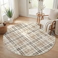 thumbnail image 2 of HIWEAVER Beige Round 6' x 6' Distressed Neutral Plaid Area Rug for Living Room Washable Non Slip Modern Checked Indoor Carpet for Bedroom Decor Low Pile Farmhouse Floor Cover, 2 of 7
