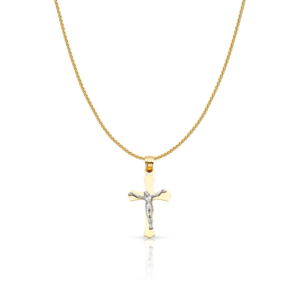 14K Two Tone Gold Crucifix Charm Pendant with 0.9mm Wheat Chain Necklace