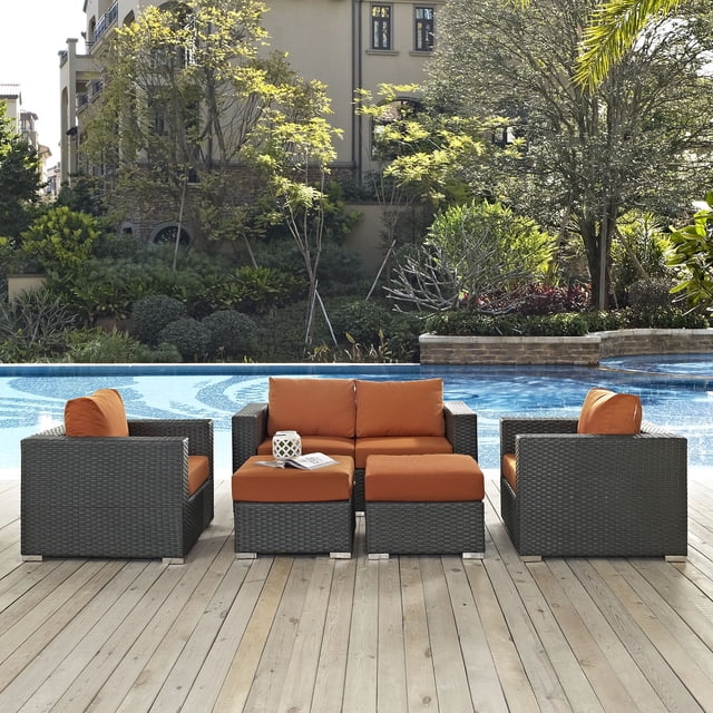 Modway Rattan Sojourn 5-Piece Wicker Outdoor Patio Furniture Sectional