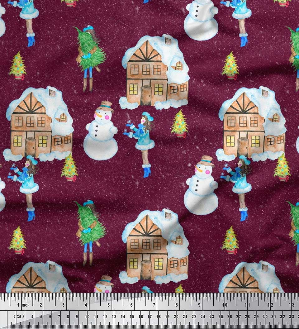 Soimoi Purple polyester Crepe Fabric Snowman,House & Tree Christmas Decor Fabric Printed Yard 42 Inch Wide