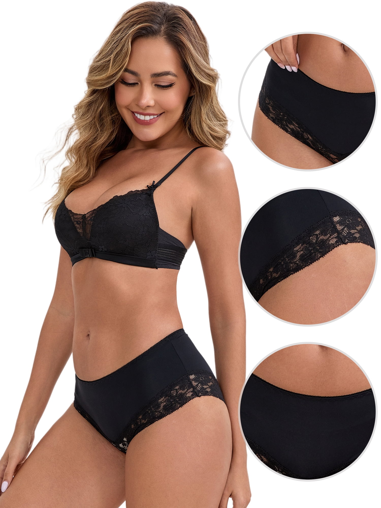 DARING DIVA Women's Lace Trim Ice Silk Mid Rise Breathable Briefs S Black