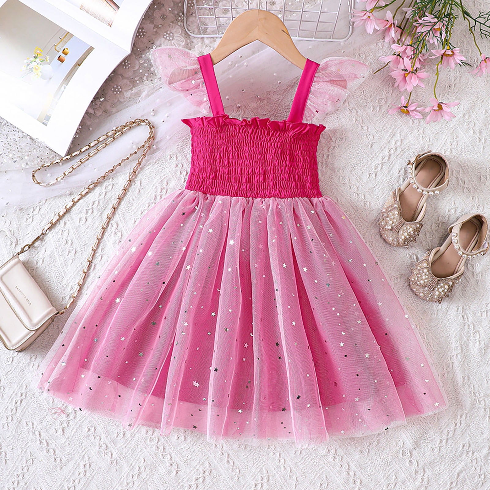 Big Kid Girl Dress Toddler 5t Dresses Toddler Girls Fly Sleeve Solid Dress Dance Party Dresses Clothes Girls Clothes Hot Pink 2 3 Years
