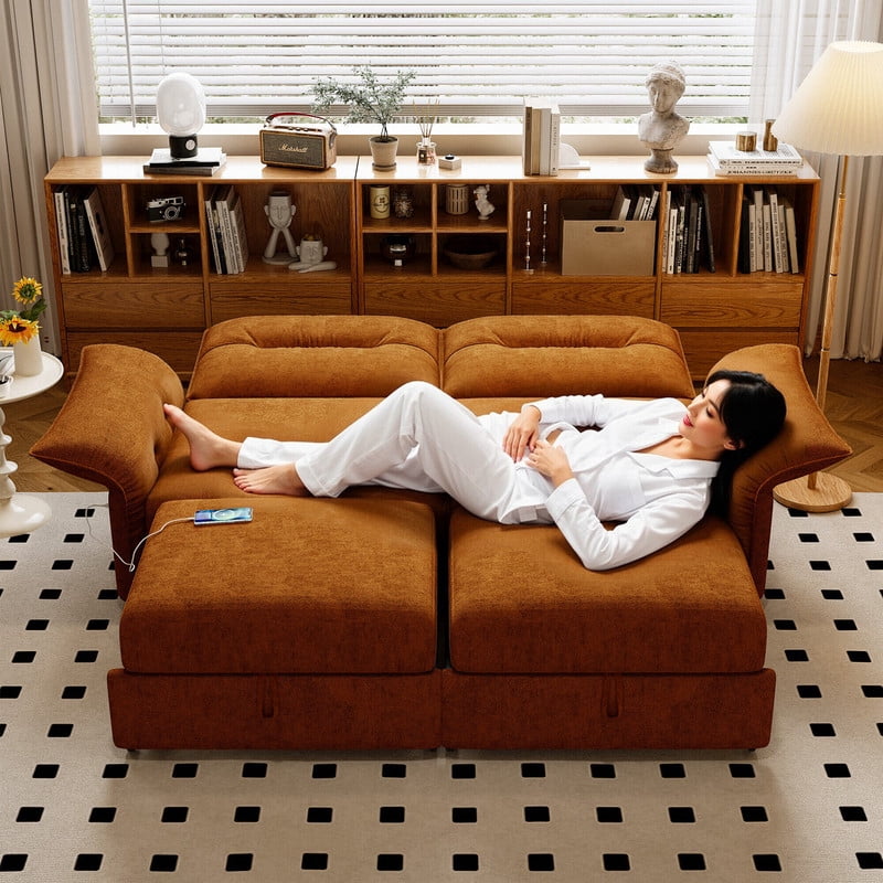 85" Convertible Sofa Bed, 2-in-1 Sleeper Sofa with Plush Fabric, Full-Size Pull-Out Couch with USB Charging Ports, Solid Wood Frame, High-Resilience Foam for Living Room & Small Space