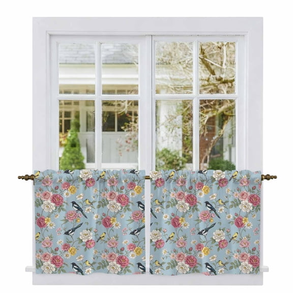 Spring Red Floral Tier Curtains 36 Inch Length, Daiy Birds Farmhouse Blue Botanical Cafe Short Curtains for Bathroom Over Sink, Small Kitchen Curtain Light Filtering Drapes 2 Panels 27.5"Wx36"L