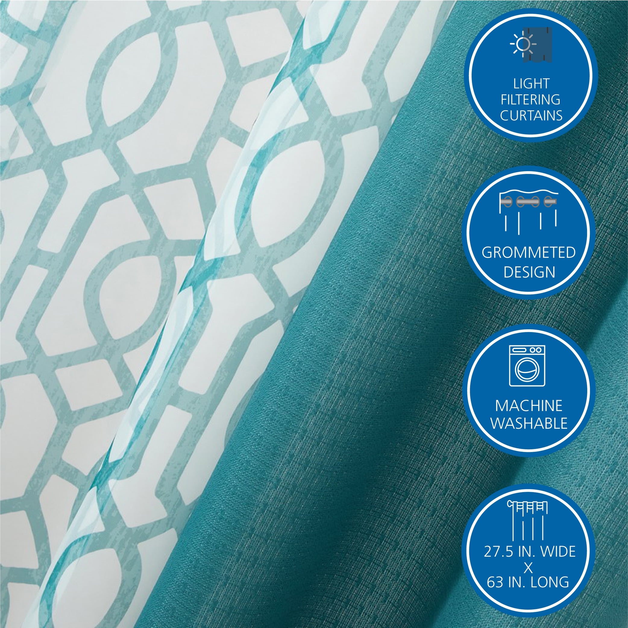 Mainstays Kingswood Solid and Printed Sheer Grommet Set, Pacifica Green, 27.5" W x 63" L, Ideal for Living Room or Bedroom