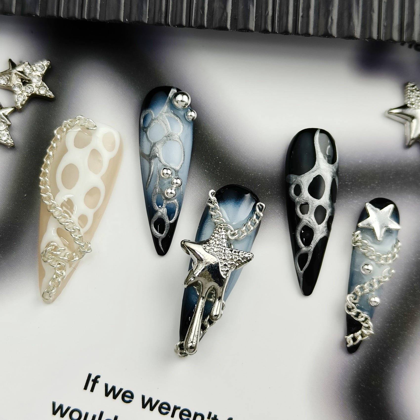 Handmade Press-On Nails with Silver Star and Chain 3D Accents
