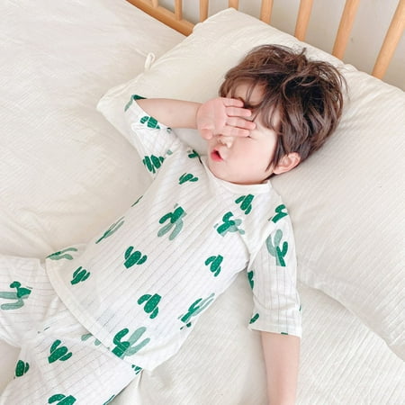 

OUTAD Kids Pajamas Set Infants Boys Girls Cartoon Print Clothes Spring Autumn Toddler Cotton 3/4 Sleeve Tops +long Pants Suit 2pcs