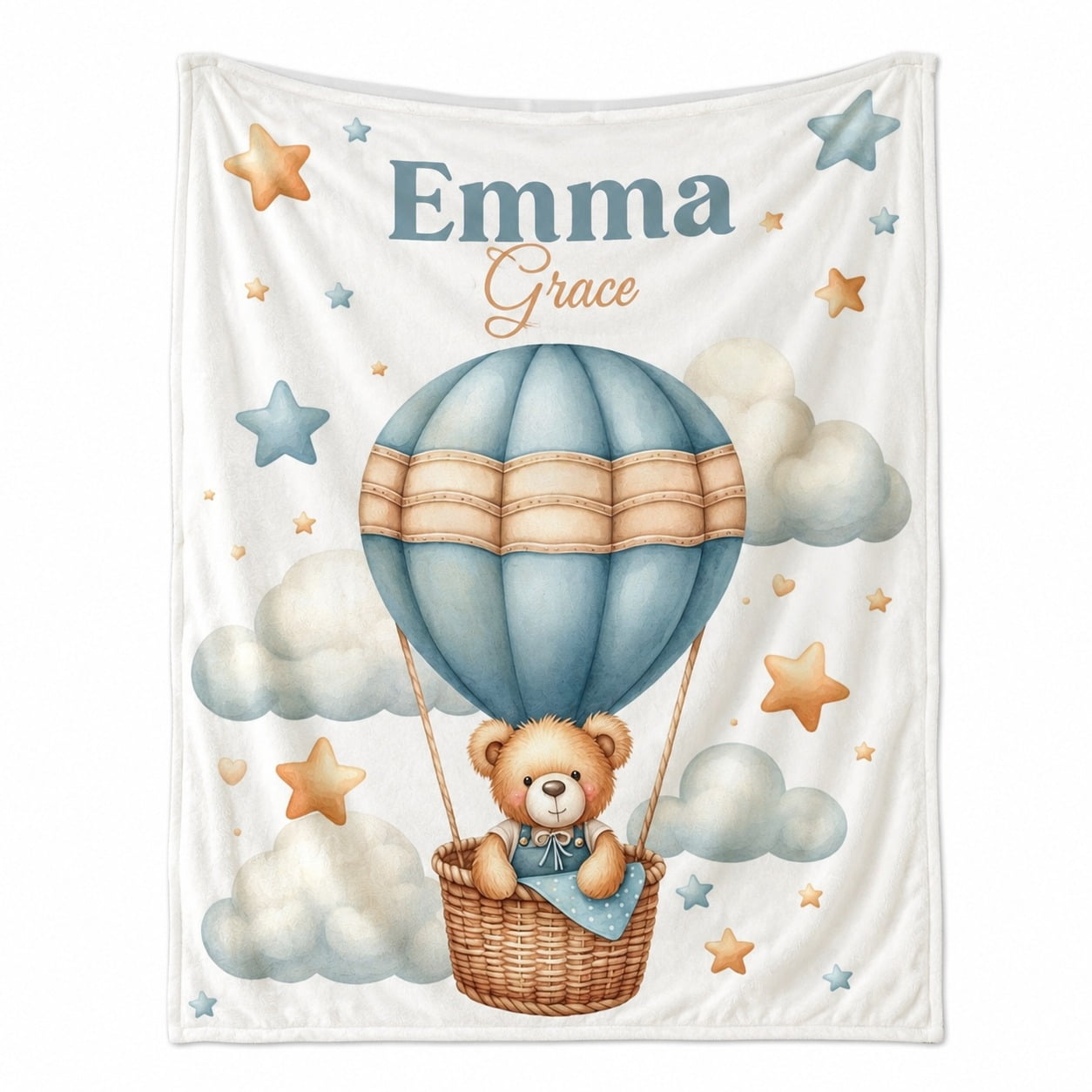 Personalized Teddy Bear Hot Air Balloon Fleece Throw Blanket, Custom Name or Text, Soft 280 GSM Polyester