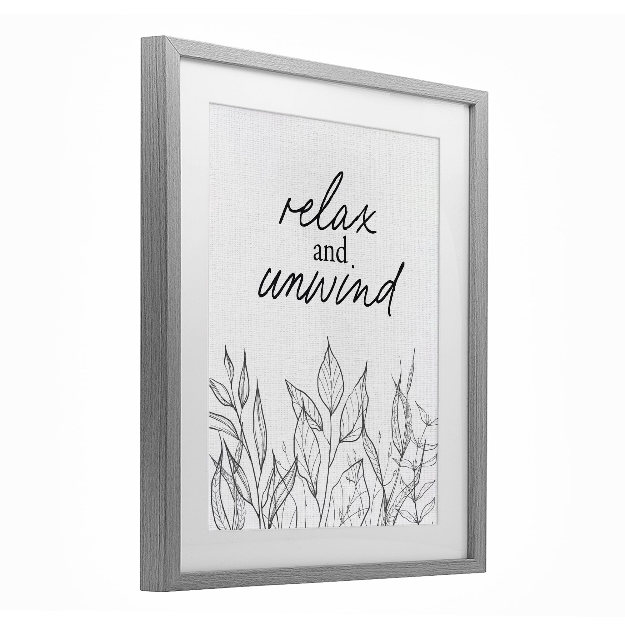 Relax Unwind Minimalist Leaves Gray Framed Print Under Glass, design by Lettered and Lined