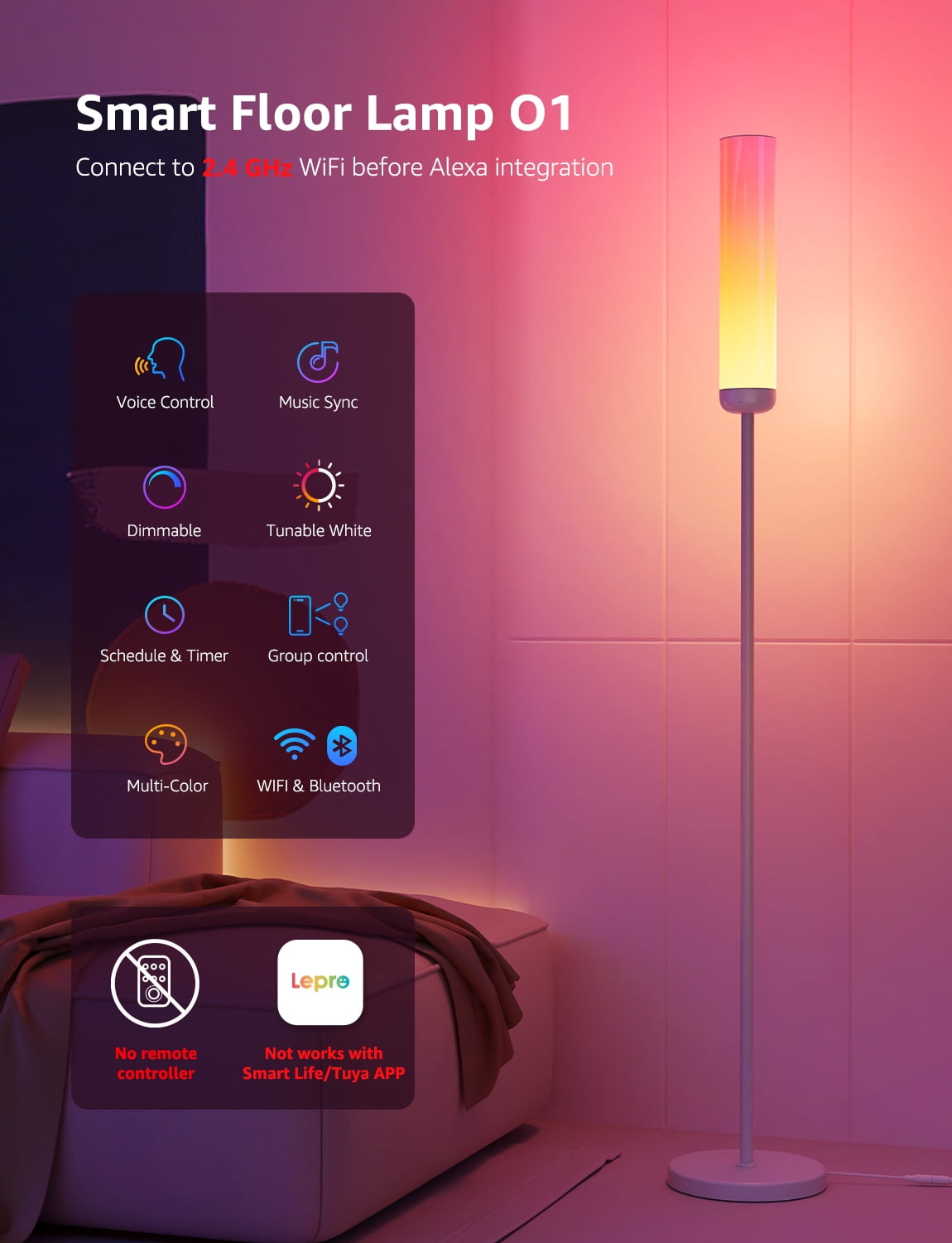 Lepro O1 AI Smart LED Corner Floor Lamp with AI Voice Control, RGB + Tunable White, 2300LM, WiFi & Bluetooth, Music Sync, Compatible with Alexa & Google Assistant, for Living Room, Bedroom, Office
