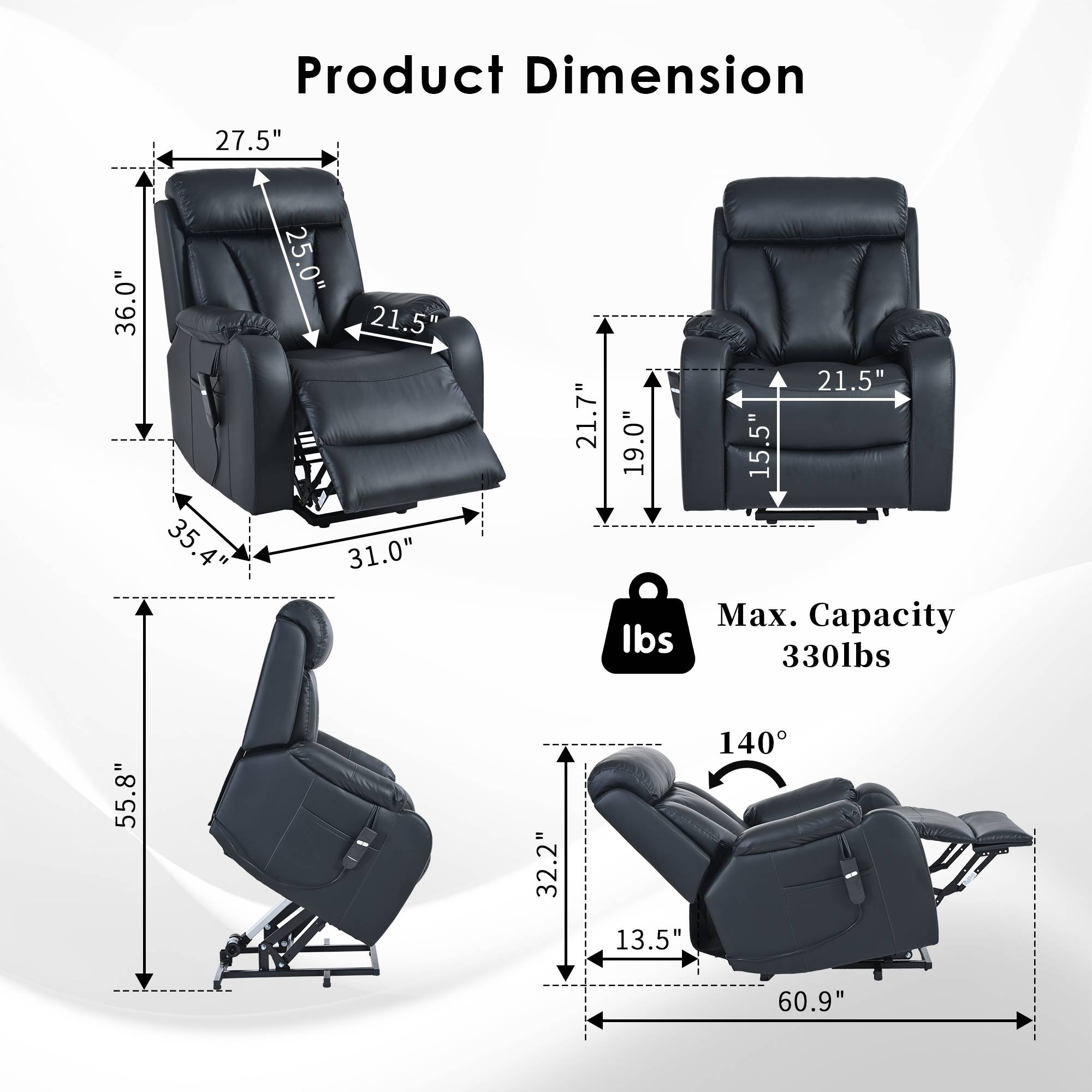 Electric Power Lift Recliner Chair for Elderly, PU Recliner Lounge Single Sofa&nbsp;Chair for Living Room, Black