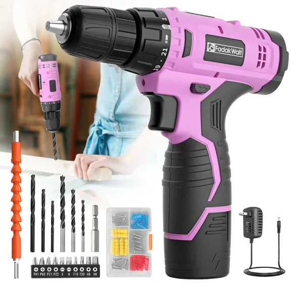 Pink Cordless Drill Set for Women, 12V Lightweight Electric Drill & Driver w/ 1.5Ah Battery & Charger, 21 1 Torque, 180 in-lbs, 30  Bits, Ideal DIY Gift