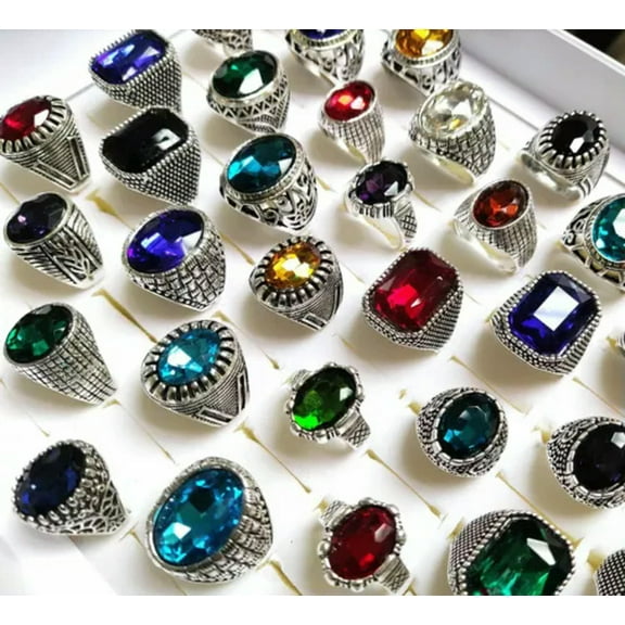 HOOUN Bulk lots 30pcs Big Crystal Stone Vintage Silver Rings Color Mix Ring