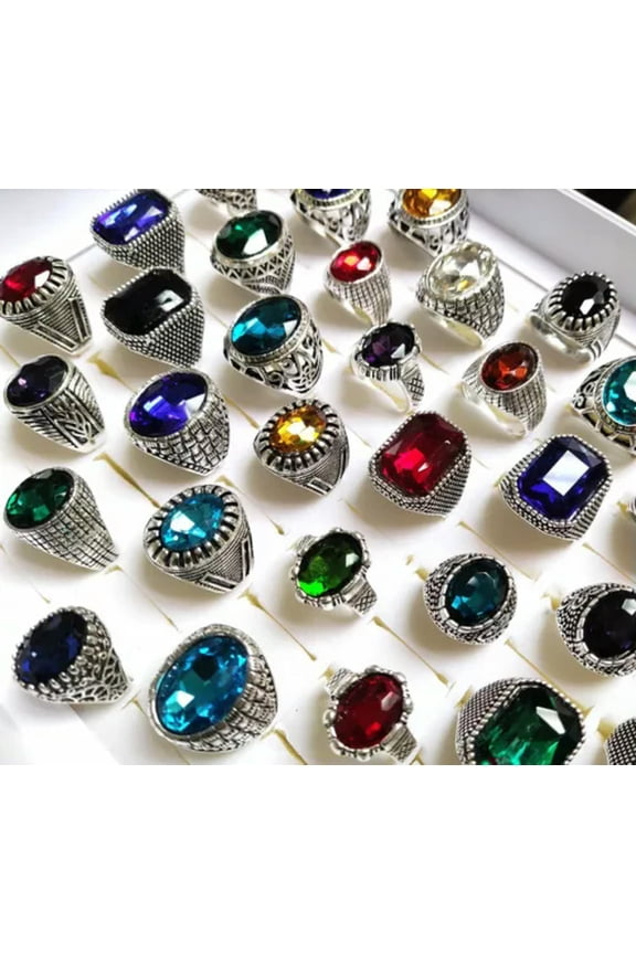 Bulk lots 30pcs Big Crystal Stone Vintage Silver Rings Color Mix Ring