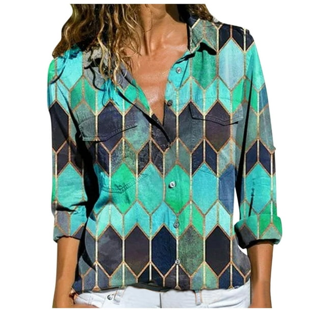 Gibobby Blusas De Manga Larga Para Mujer Tops sueltos largos Daisy Womens Ladies Printing Shirt Blusa informal de algodón Camiseta Blusa de mujer(Azul, M)